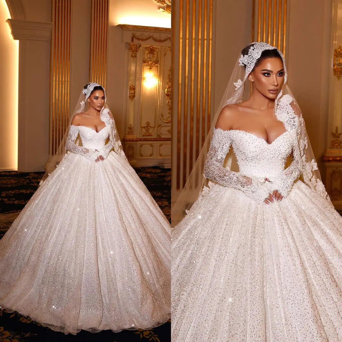 

Luxury Ball Gowns Pearls Sequins Off Shoulder Long Sleeve Wedding Dress Princess Sweep Train Tulle Bridal Dresses Custom Made