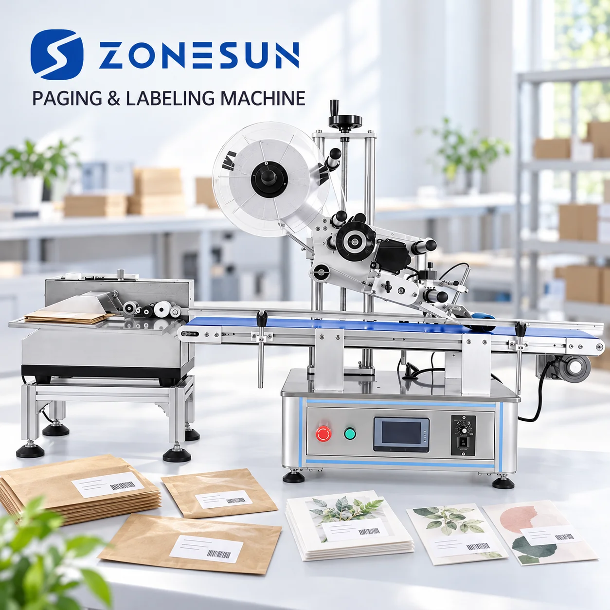 ZONESUN Desktop Automatic Flat Surface Labeling Machine Paper Pouch Plastic Bag Card Separating Paging Label Applicator
