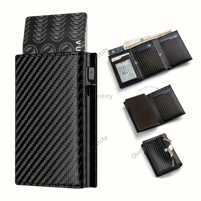 Men's Wallet with Zipper Coin Purse Automatic Pop-up Metal Credit Card Holder Minimalist RFID Blocking Business Card Wallet Idea