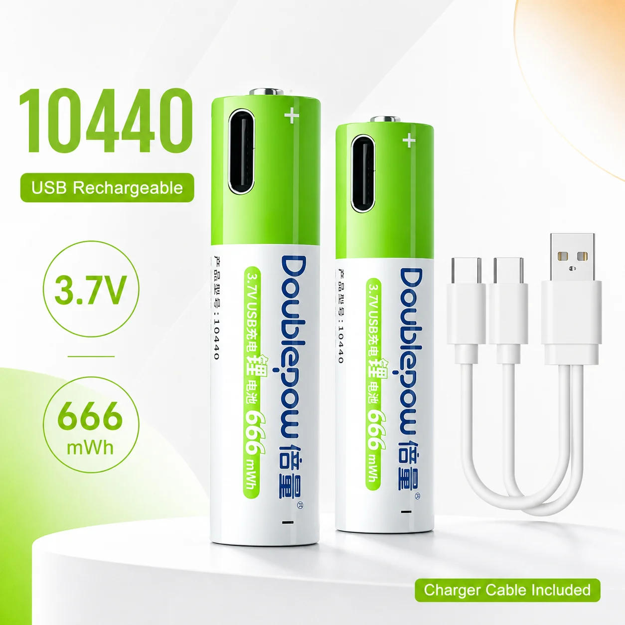 10440 Rechargeable Battery 3.7V 666mWh Lithium Ion AAA Size Cells with Type-C Charging Cable for Devices