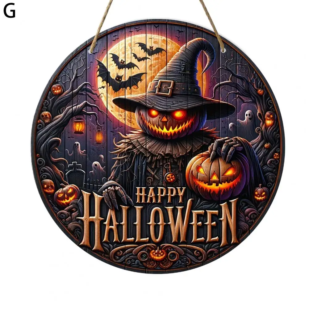 Home Decor Door Plate Spooky Halloween Wooden Door Sign with Ghost Pumpkin Witch Gnome Round Door Hanger for Front Wall Hanging