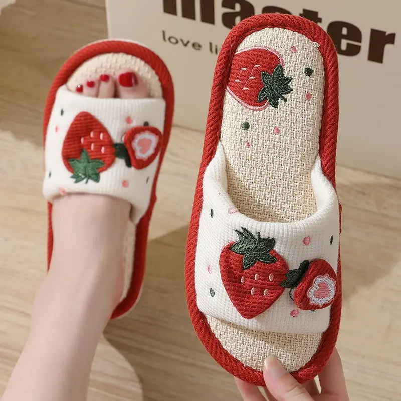 Strawberry Linen Upper Sweet Home Girl's Soft Soles Silent Non-slip Floor Slippers in Line with Human Bow Science Shoes Sandals