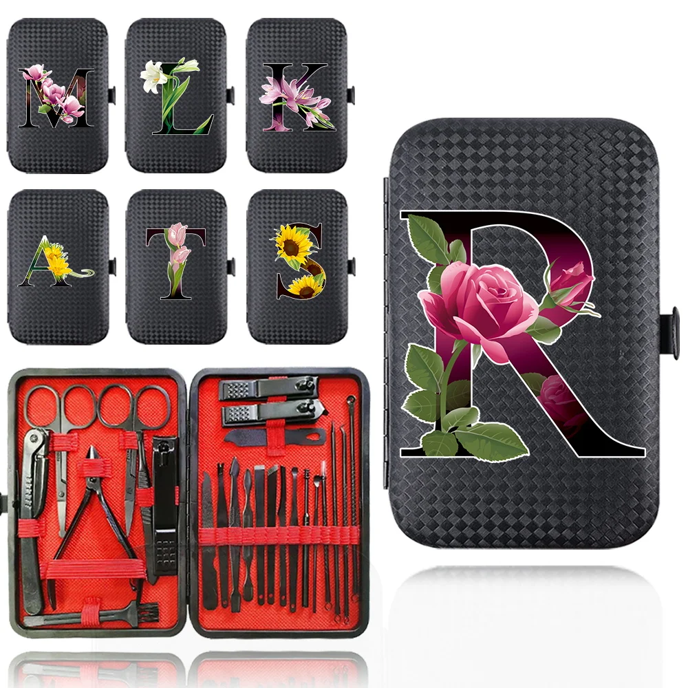 24Pcs PU Manicure Set Stainless Steel Nail Clippers Kit Case Portable Pedicure Organizer Makeup Tool Flower Color Letter Pattern