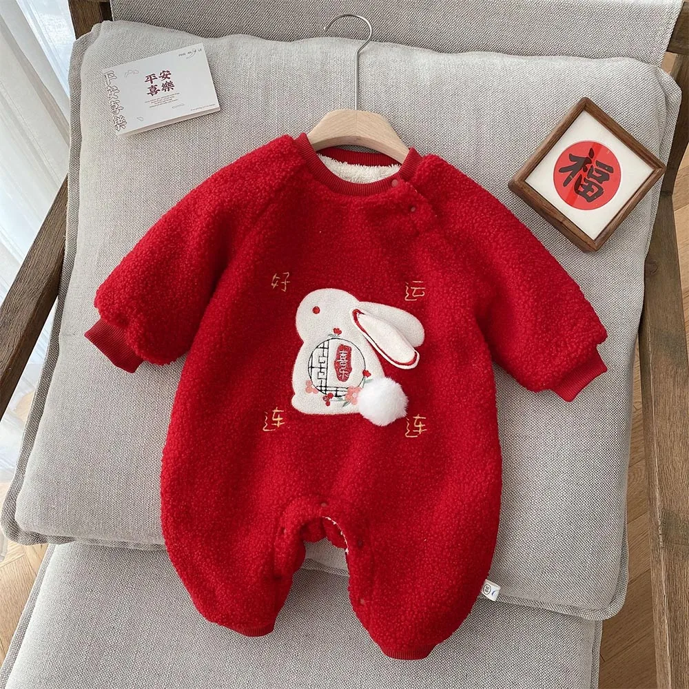 First Christmas Baby Girl Romper Long Sleeve Fleece Warm Winter Newborn Clothes Red Chinese Style New Year Infant Boy Jumpsuit