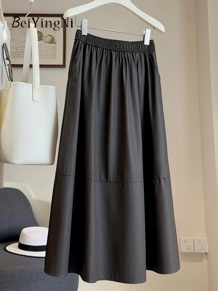 Damskie skórzane spódnice Beiyingni z wysokiej jakości skóry, jednolite kolory, rekreacyjne, jesień-zima 2025, damska spódnica w kształcie litery A z PU, łączone, codzienne faldas