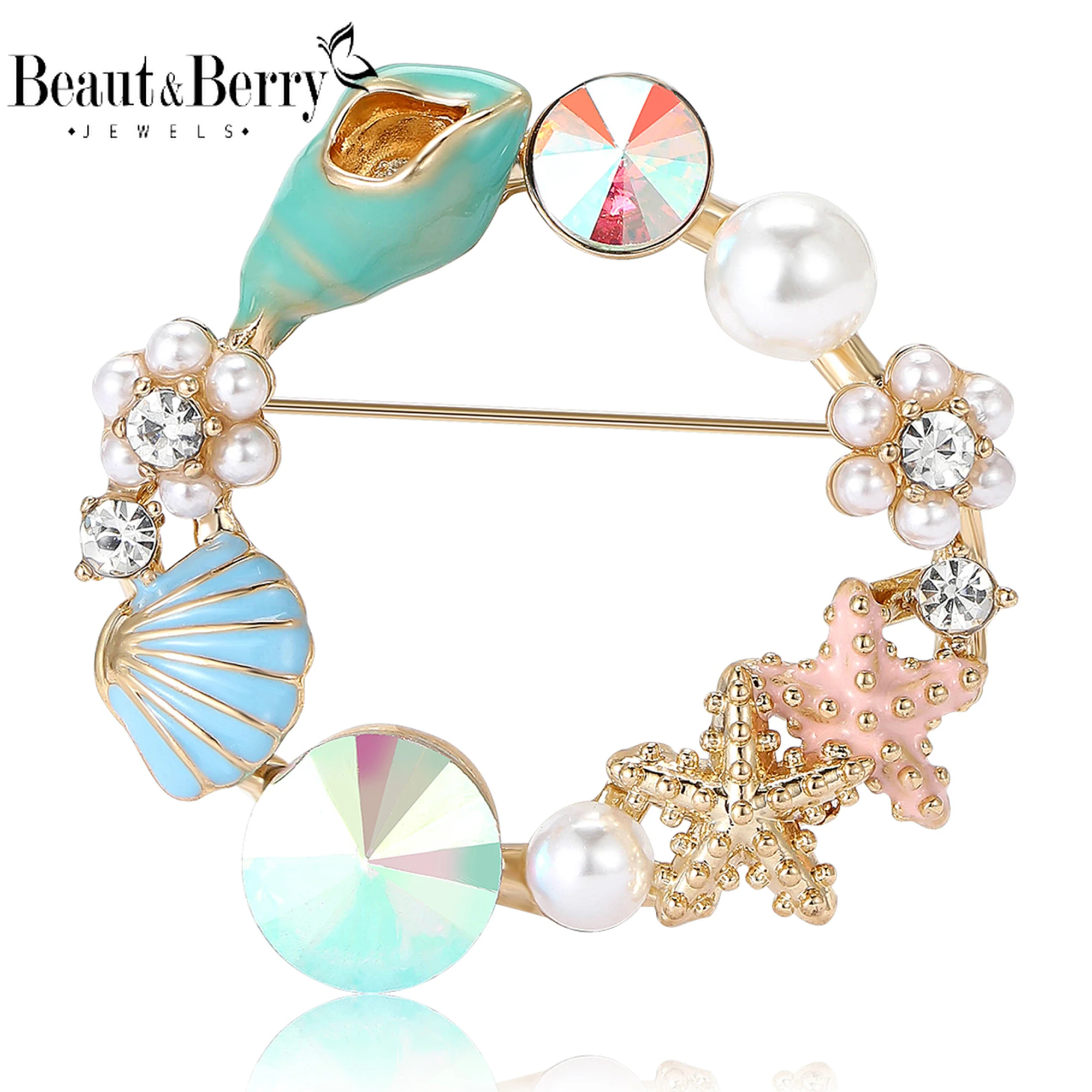 

Beaut&Berry Luxury Rhinestone Conch Brooches for Women Pearl Starfish Pins Casual Party Accessories New Gifts Friends