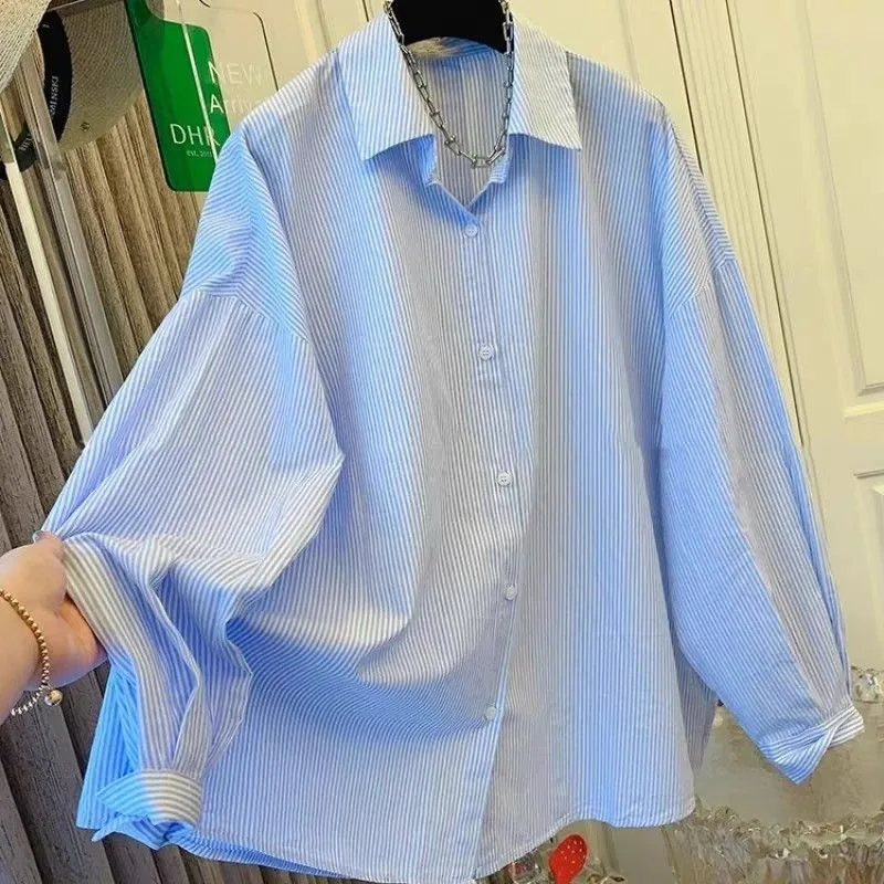 

Vintage Blue Striped Long Sleeved Shirt for Women Lapel Neck Single Breasted Blouses Back Split Lace Up Casual Tops Mujer
