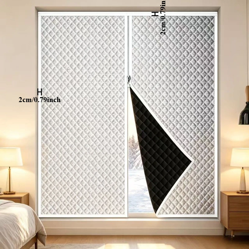 Zipper Thermal Window Insulation Curtain Aluminum Foil Quilted Winter Cold‑Proof Cover Black Reverse Side Velcro No Drilling