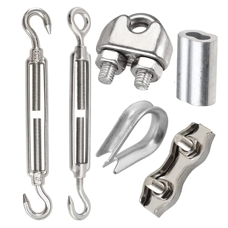 A02M-60 Turnbuckle M5 Wire Tensioner Set With Turnbuckle Wire Rope Clamp Thimbles Press Clamp For Tightening