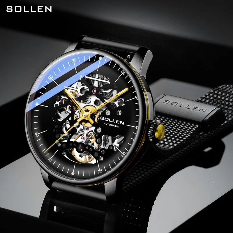 SOLLEN الرجال كامل التلقائي ساعة ميكانيكية 316L شبكة من الاستانلس استيل حزام مقاوم للماء موضة الراقية الرجال الهيكل العظمي ساعات رجالي