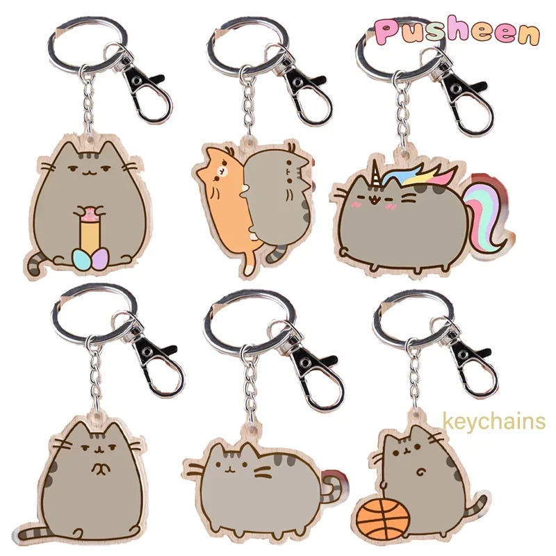 Kawaii Pusheen Kids Key Chains Cartoon Anime Figures Keyrings Pendant  Acrylic Transparent Double-sided Accessories Decoration