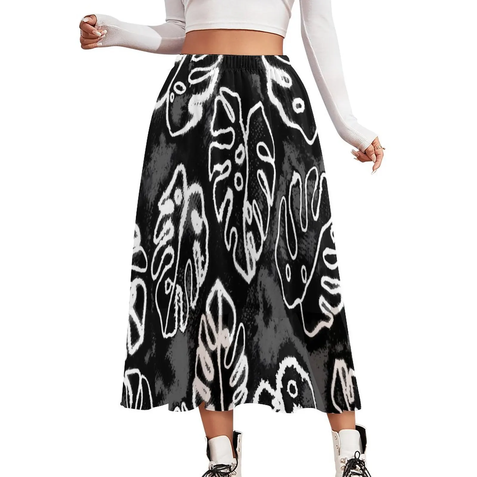 

White And Black Tie Dye Skirt Woman Palm Leaf Print Elegant Long Skirts Custom High Waist Aesthetic A-line Skirt Big Size 4XL