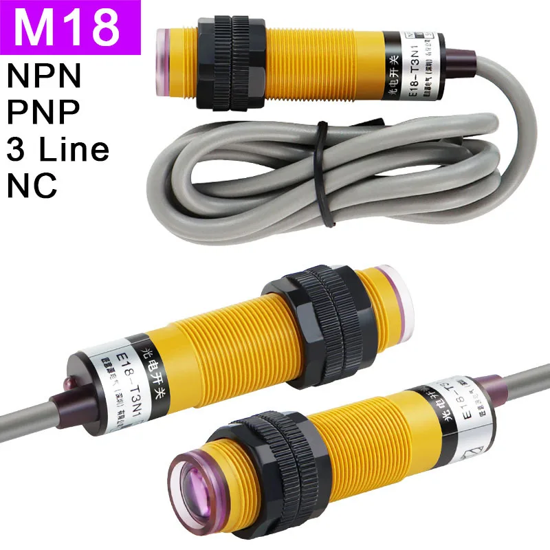 

E18-T3N1 NPN M18 Photoelectric Switch Through-Beam E18-T3P1 PNP DC 3 Wire NPN Normally Open Infrared Sensor Distance 5M 6~36VDC