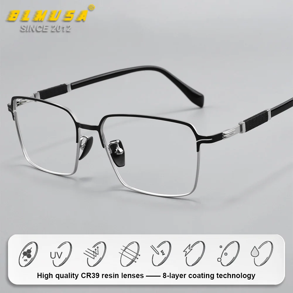 BLMUSA (L) Trendy Half-Frame Design Photochromic Myopia Glasses Classic Anti Blue Ray Multifocal Prescription Eyeglasses For Men