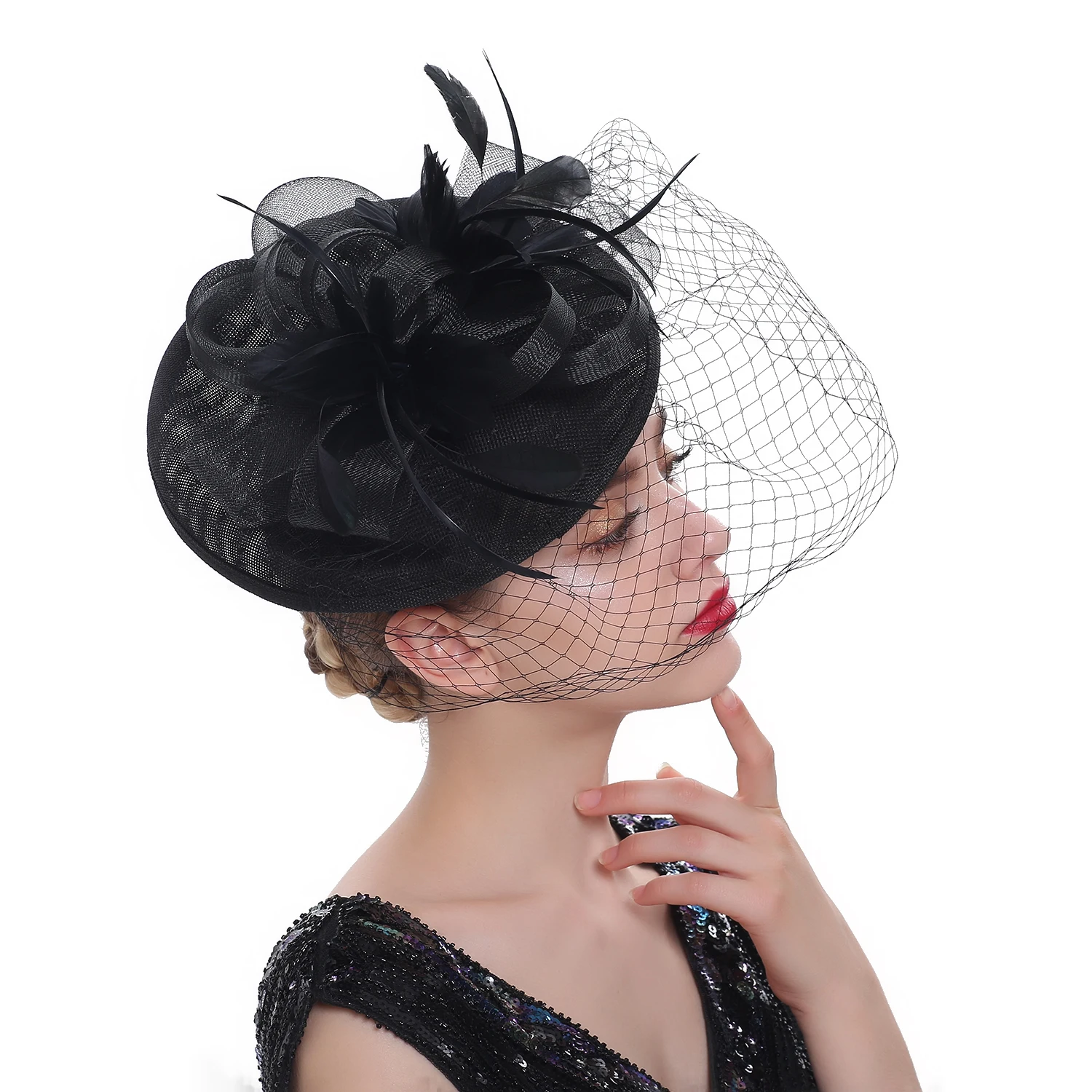 Ciężki splot Sinamay pętli welon i pióro Fascinator formalny kapelusz Kentucky Derby,Ascot, Melbourne Cup, kościół chluba