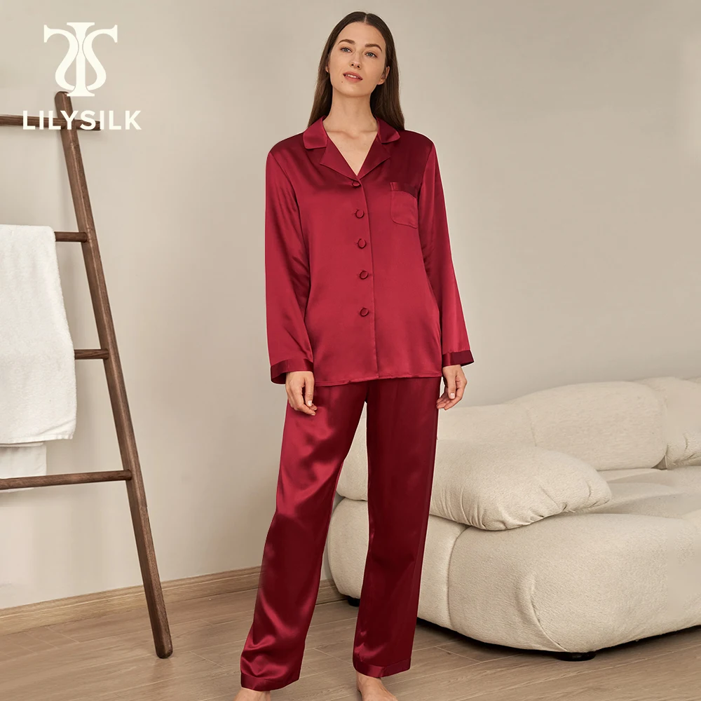 LILYSILK Autumn Women 22 Momme Silk Pajama Set Femme Plain 2 Pieces Button Front Home Pants Suits Ladies Overalls Free Shipping