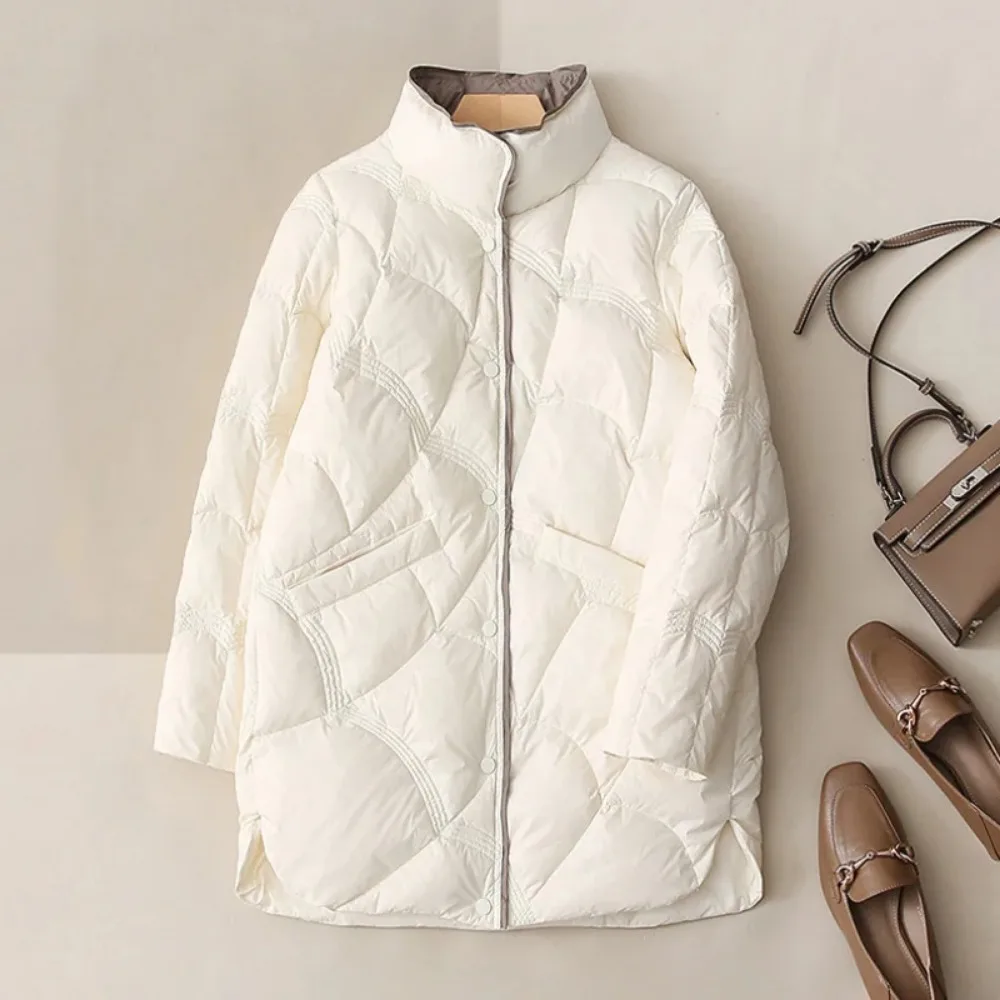 2024 Winter New Fashion Stand Collar X-Long Women Down Jackets Female Casual Loose Ultra Lightweigh White Duck Down Warm Coat