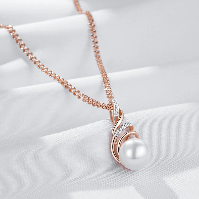 Wbmqda Eleganter weißer Perlen-Anhänger und Halskette für Frauen, 585er Roségold, Silber, Farbmischung, einzigartiger Braut- und Hochzeitsschmuck