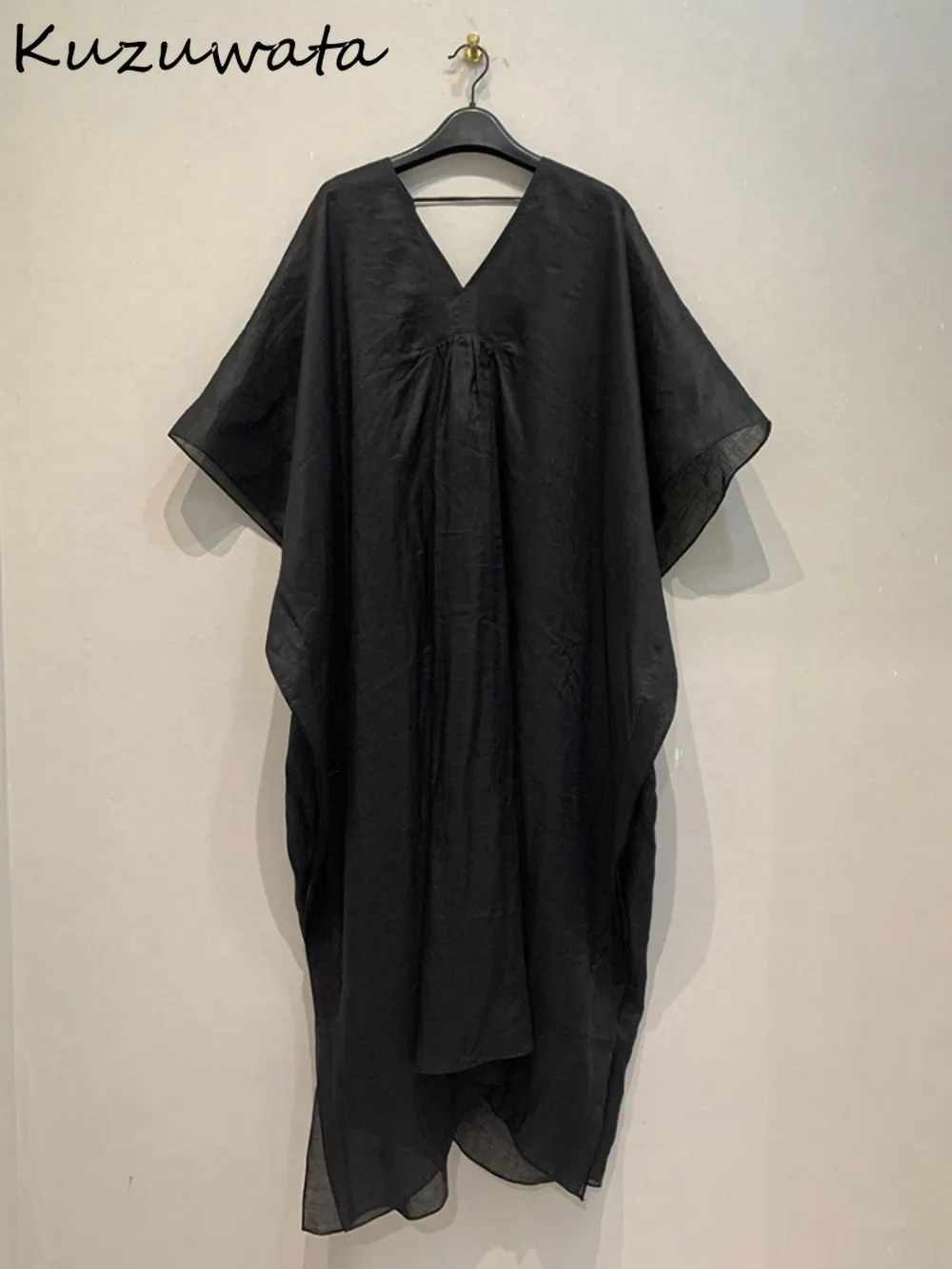 Kuzuwata Loose V Neck Raglan Sleeve Casual Vestidos Mid-length Soft Solid Waist Lazy Robe Japan New Moda Ruched Slim Fit Dress