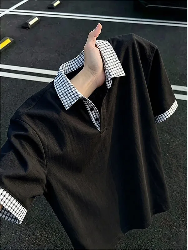 Ice Silk  Shirt Short Sleeve Men Summer Thin American Shoulder High Sense Quick Dry T Shirt Patchwork Breathable Casual S...