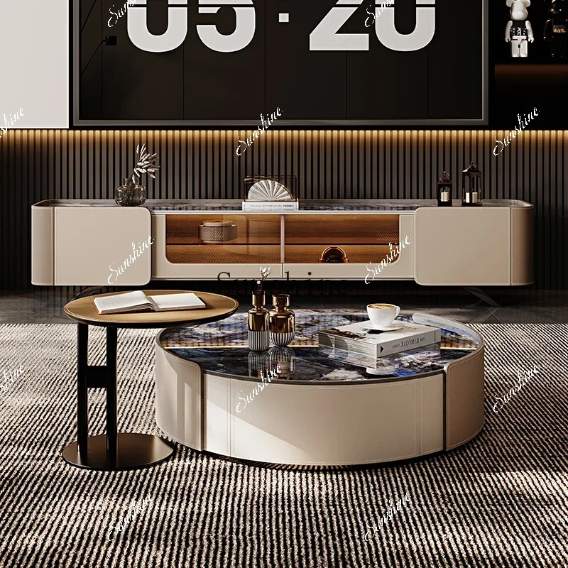 

Round coffee table TV cabinet combined saddle leather craft Italian minimalist small apartment living room TV cabinetE