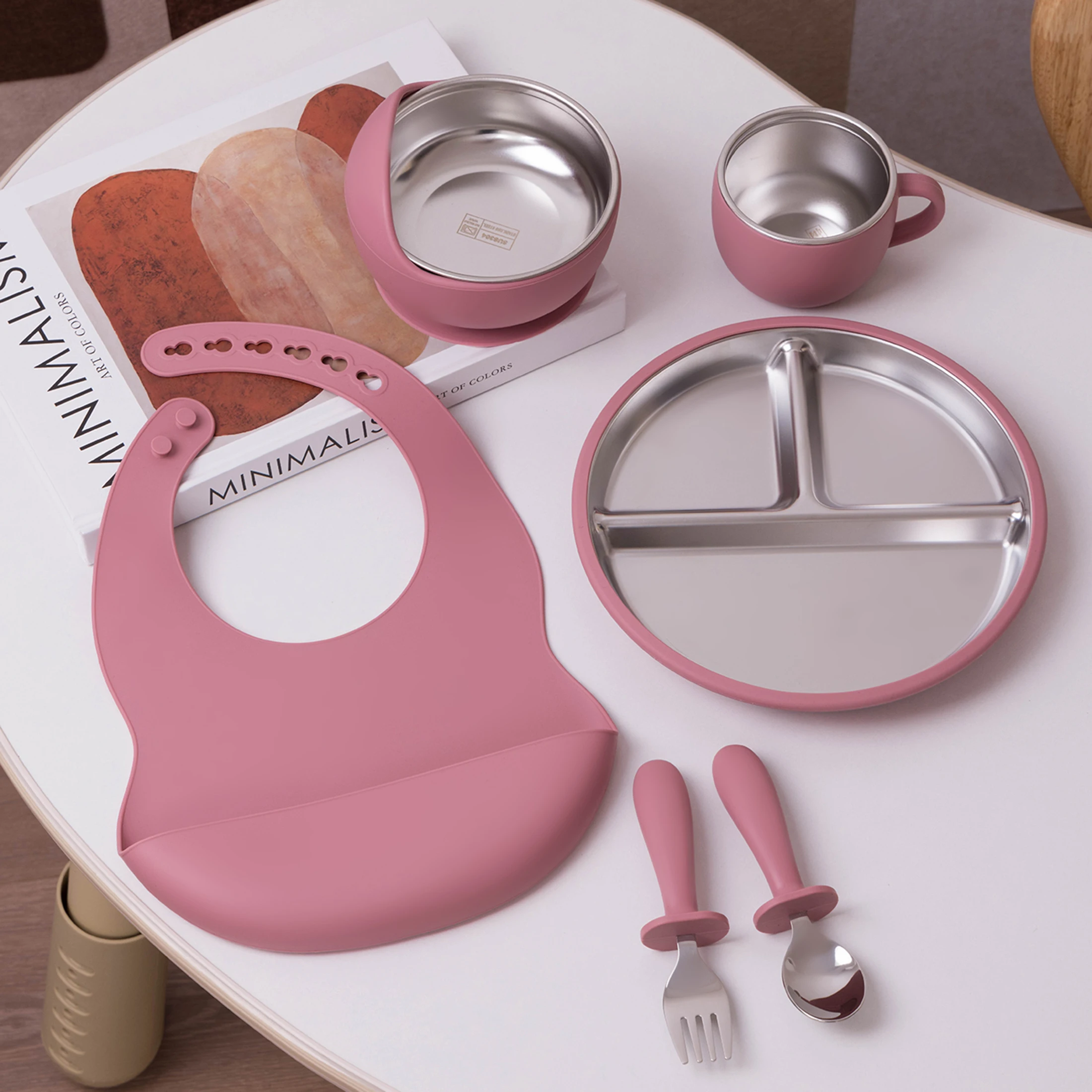 6PCS Stainless Steel Dishes Plate Baby Feeding Set BPA Free Sucker Dishes Bowl Training Fork Spoon Cup Baby Newborn Items