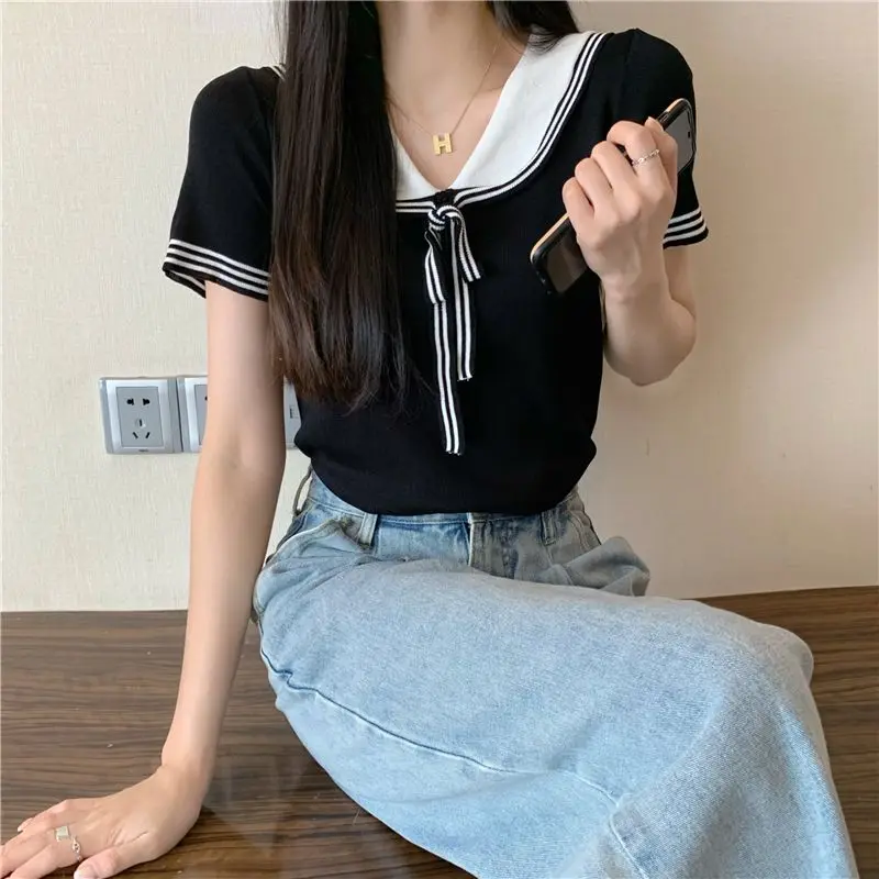 Sweet Harajuku Aesthetics Korean Top Girl Y2K Vintage Streetwear Patchwork Sailor Collar Short Sleeve Clothing T Shirt Blue Tee