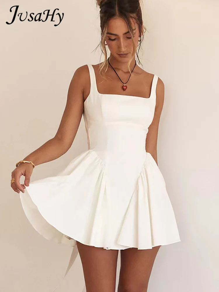 JusaHy Women New White Sweet &High Streetwear Backless Halter Strap Bowknot A-line Dresses Chic Sweet Hot Party Mini Dress 2023