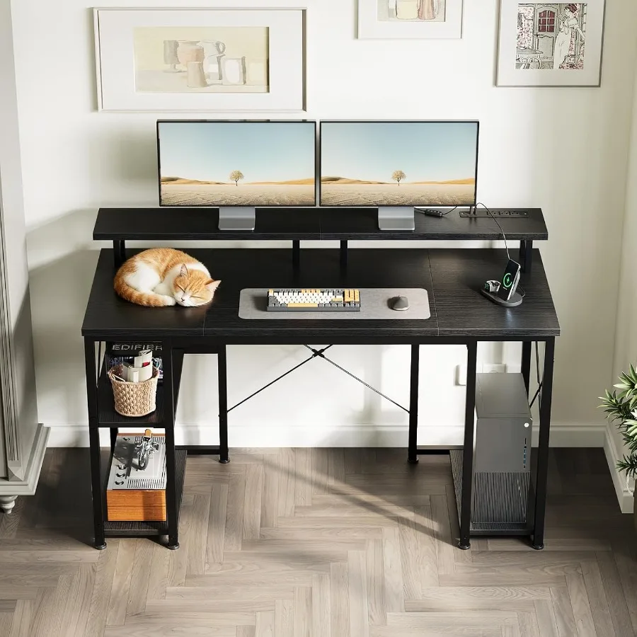 مكتب ألعاب مقاس 48 بوصة مع مكتب كمبيوتر بإضاءة LED مع حامل شاشة وطاولة كمبيوتر مع حامل وحدة المعالجة المركزية باللون الأسود العميق #5