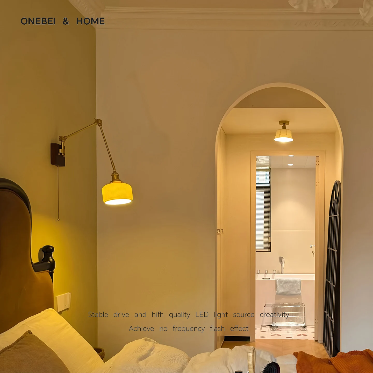 ONEBEI Japanese Retro Zipper Switch LED Long Arm Swing Wall Lamp Brass Ceramic Wall Lamp Living Room Bedroom Decorative WallLamp