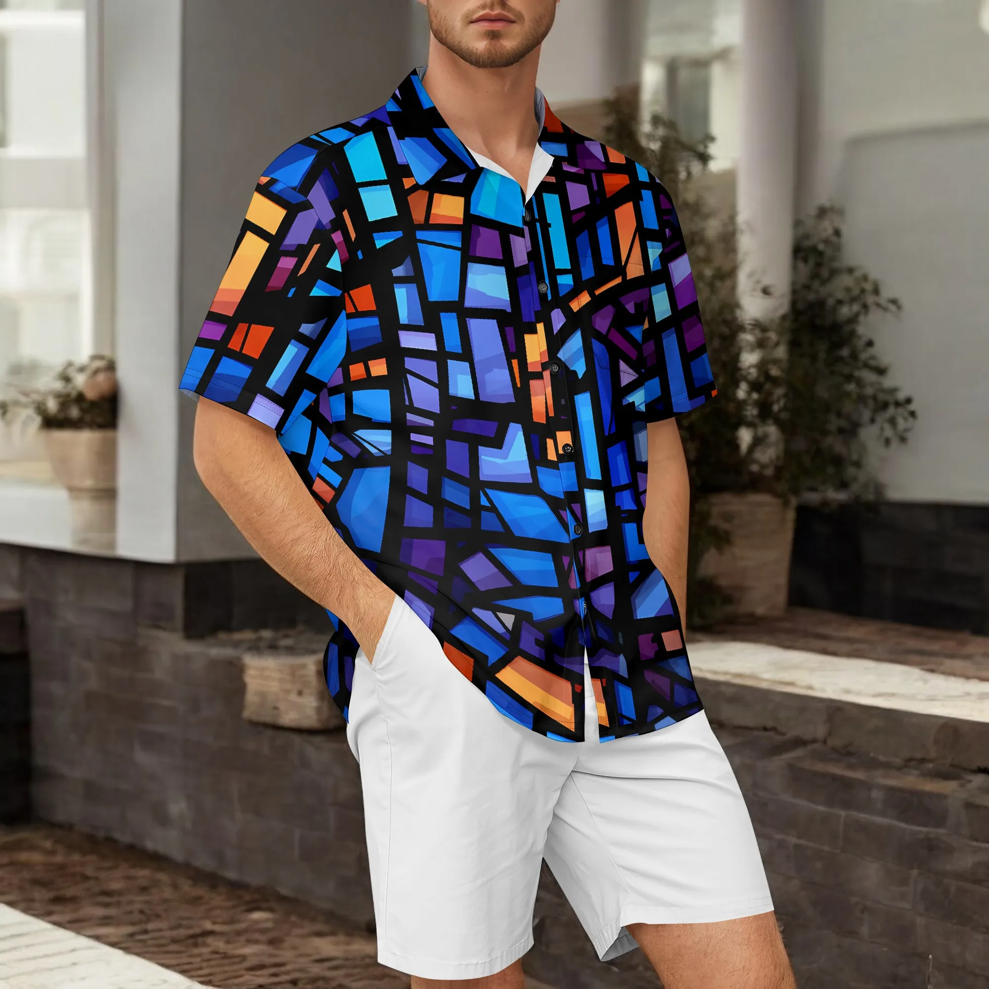 

YEAE Blue Orange Gradient Geometric Print Shirt for Men Summer Casual Short Sleeve Top