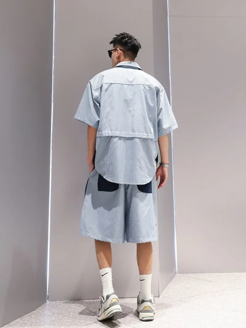

​Men's Summer Outfit Color Blocked Design Loose Fit Shirt Shorts Set with Oversized Pockets Trendy Look​
