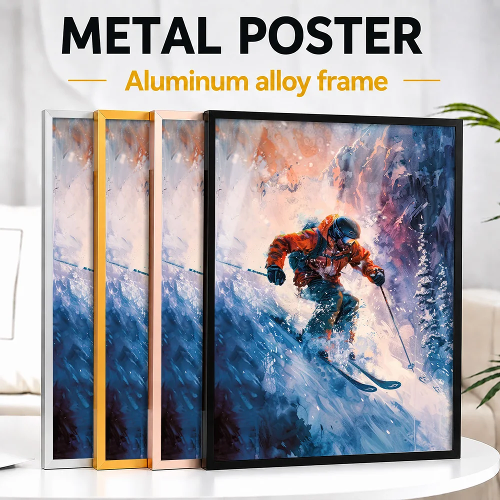 Skier Dramatic Powder Descent Framed Aluminum Metal Poster Personalized Painting Style Wall Art For Mountain Cabin Living Room