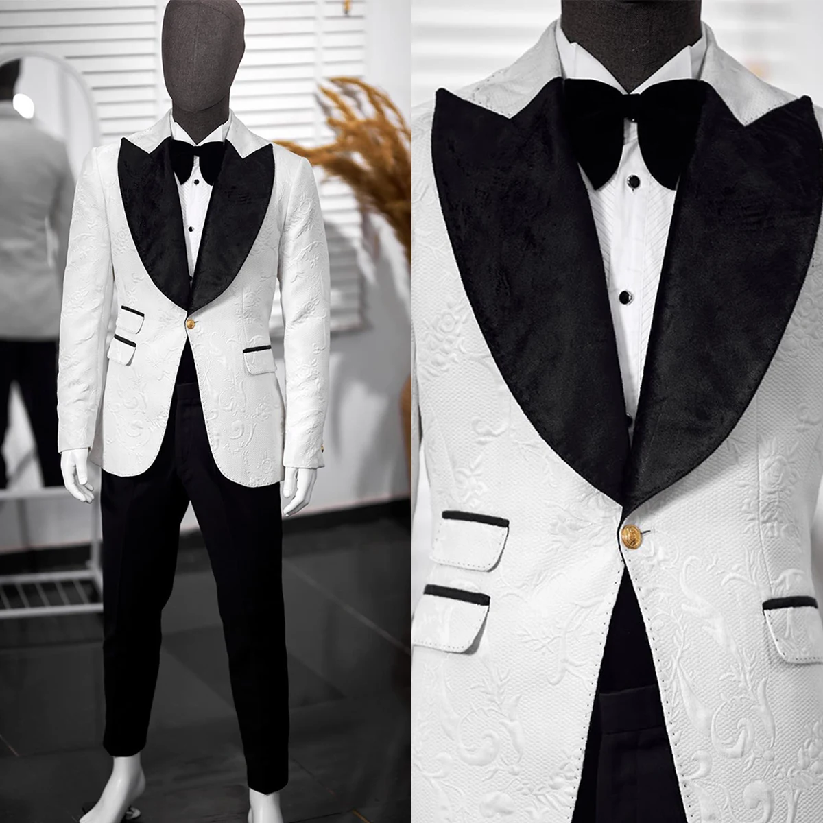 Çiçek Jakarlı Düğün Smokin Takım Elbise 2 Adet Özelleştirilmiş Damat Takım Elbise Resmi Giyim Balo Parti Gösterisi Blazer Pantolon Takım Elbise