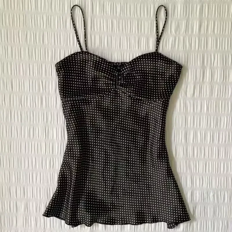 French Vintage Polka Dot Camisole Vest Women's Summer Pleated Sleeveless Y2k Crop Top Sweetheart Hottie Slim Outerwear Tank Top