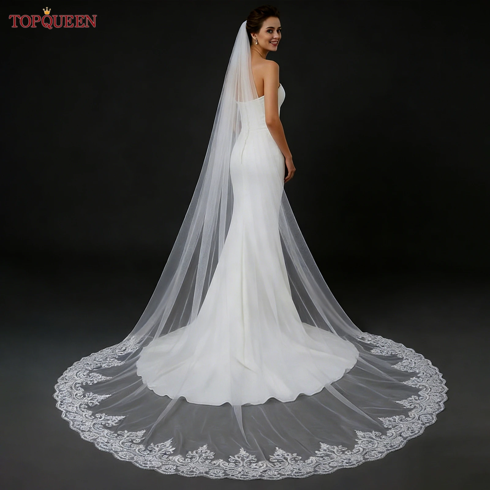 

TOPQUEEN Фата невесты с кружевной вышивкой по краям 3 м Соборная длина Свадебная фата с расческой Фата невесты Minster с вышивкой V70