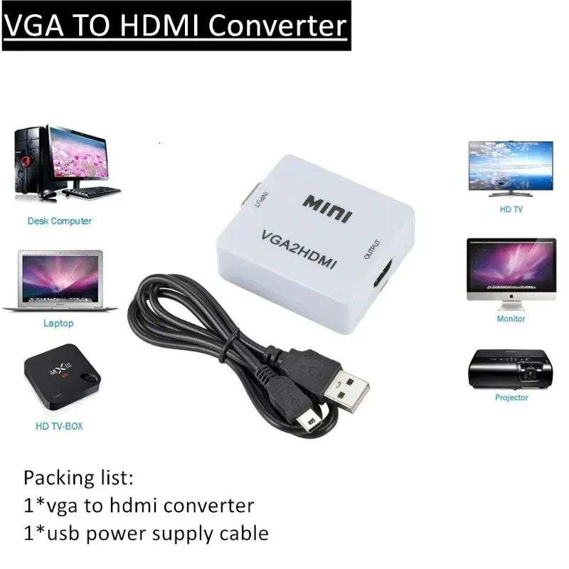 GRWIBEOU 1080P VGA 2 HDMI Audio Adapter Connector VGA2HDMI Mini VGA to HDMI Converter with Audio for PC Laptop to HDTV Projector