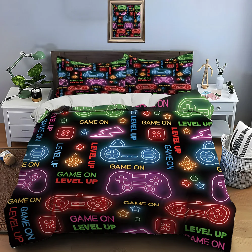 Neon gaming icons background Bedding Set for Kids Luxury Gift 3pcs Digital Print Comforter Set Soft Comfortable Breathable