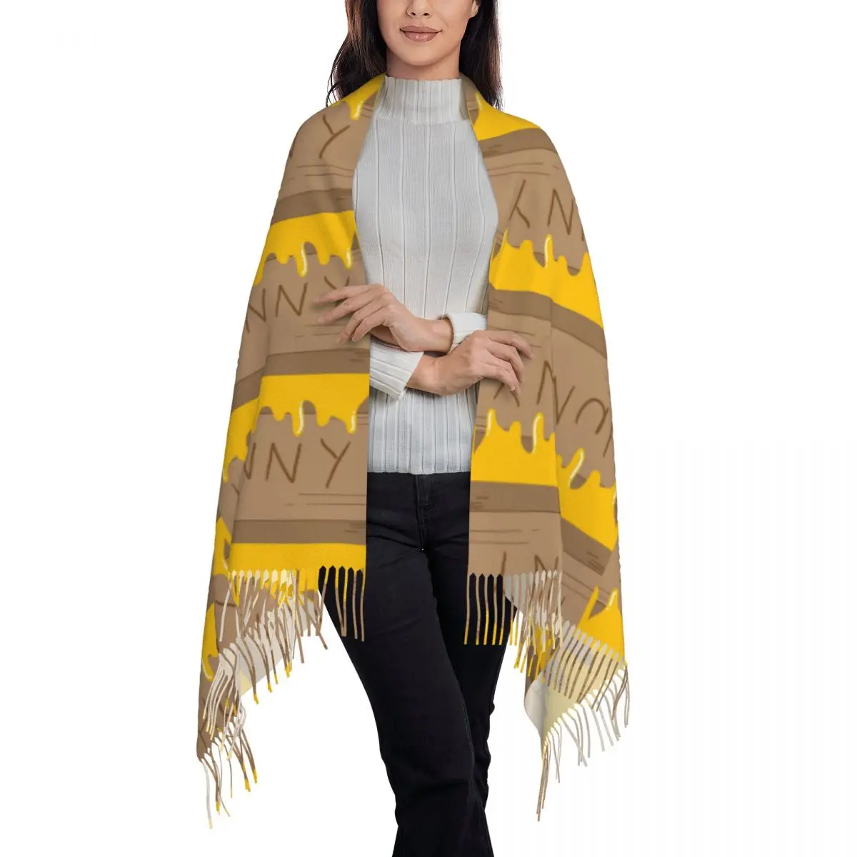 Pooh Bear Hunny Pot Scarf Tassel Scarves Women Soft Warm Shawls and Wraps Long Fall Winter Shawl Wrap