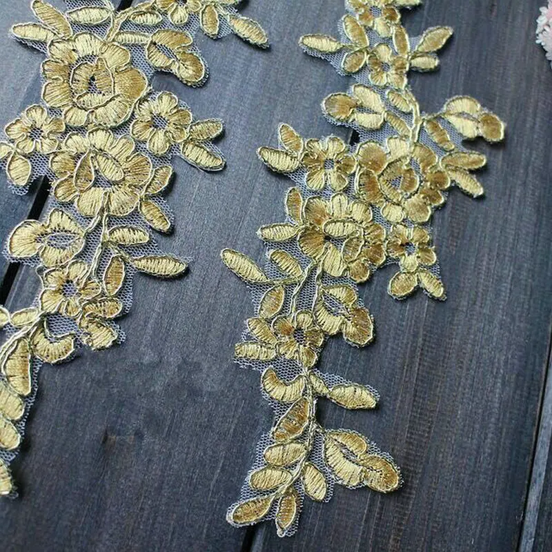 6Pcs/3pairs Light Gold Embroidery Flower Venise Flower Lace Applique Trim Wedding Dress Sewing Lace Patch 28.5X8.5cm