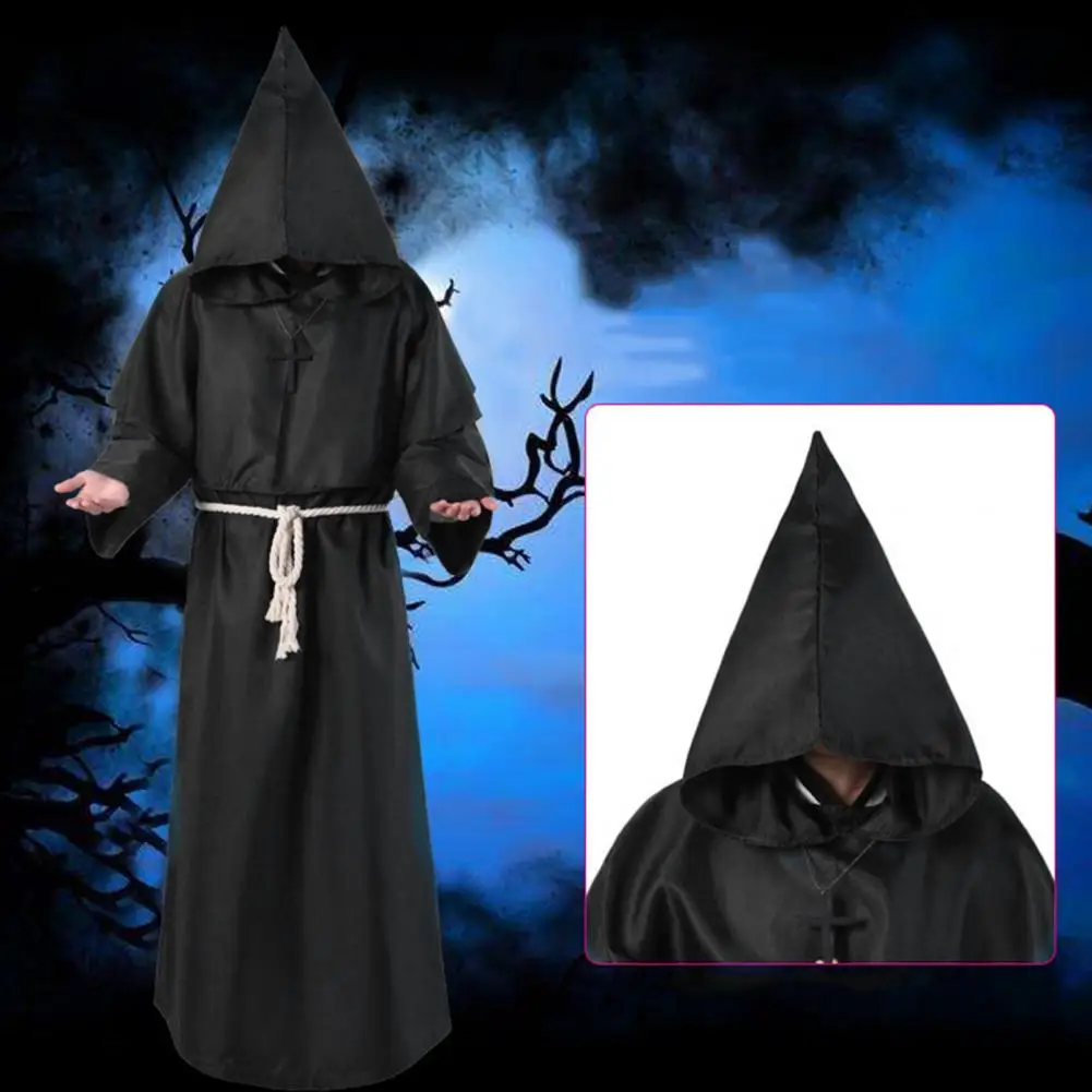 

Face-covering Halloween Cloak Monk Robe Costume Set with Cloak Hat Necklace for Halloween Cosplay Inspired Fabric Cape for Dance