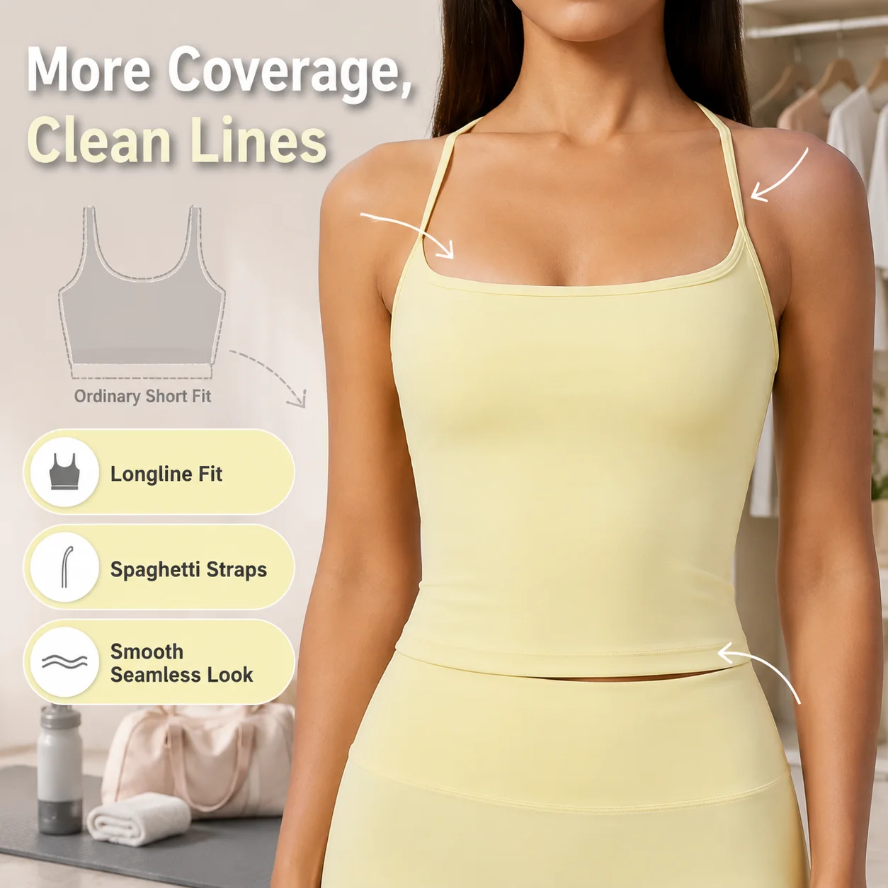 Women's Square Neck Spaghetti Strap Longline Sports Bra with Built-in Pads Nude Feeling Seamless Workout Tank Top for Yoga Pilat view 2