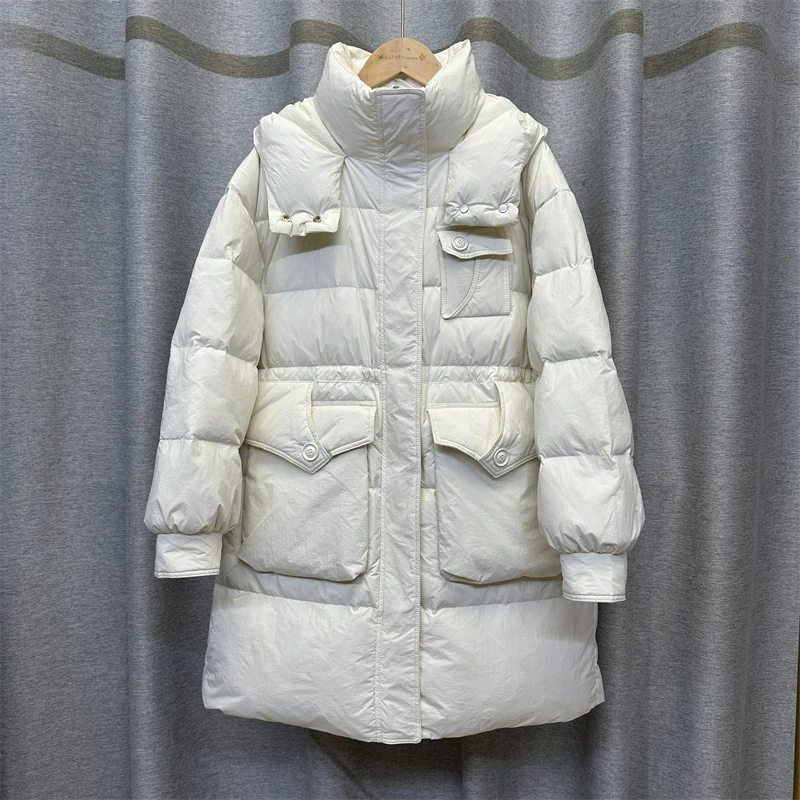 Zimowa ciepła kurtka puchowa damska do połowy łydki z kapturem, z białego puchu kaczego, z wieloma kieszeniami, parka, odzież wierzchnia damska, zapinana na zamek, gruba, luźna kurtka.