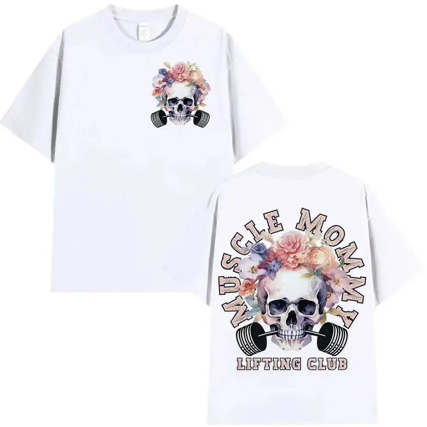 Y2k Top Muscle Mom FitnessT-shirt Retro Skull Headwear Short Sleeve Street Fashion Clothing Round NeckTop Fitness Emoji T-shirt