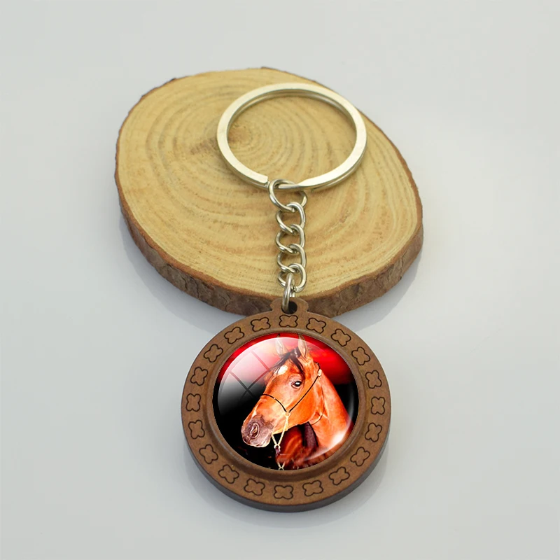 Horse Wooden Keychain Horse Picture Glass Cabochon Keychain Wooden Jewelry Aanimal Key Pendant Christmas Gifts Dropshipping