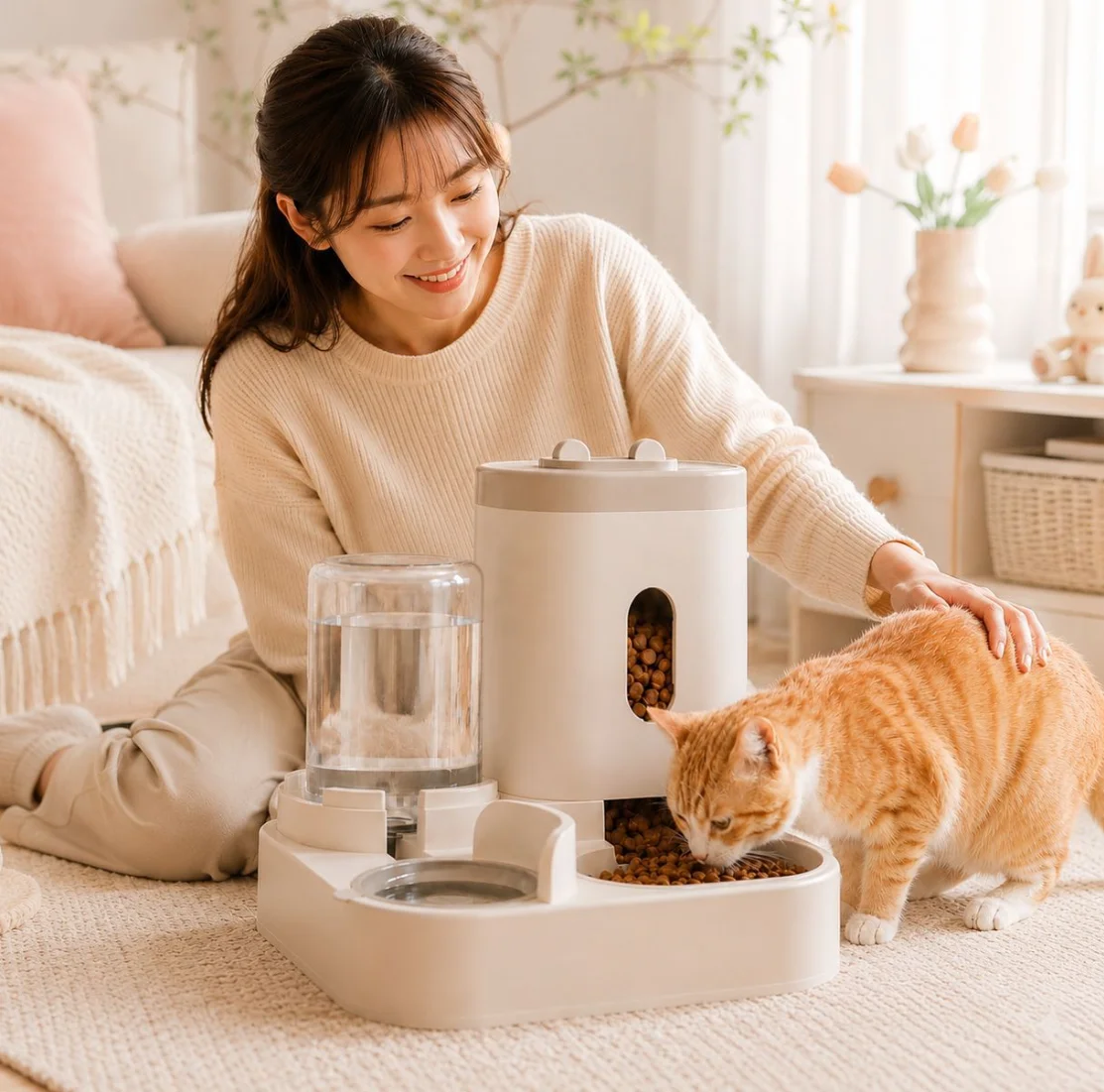 Pet Supplies Automatic Pet Feeder And Water Dispenser 2-In-1 Double Bowl 2200ml Food 800ml Can Be Used By Cats And  Dogs