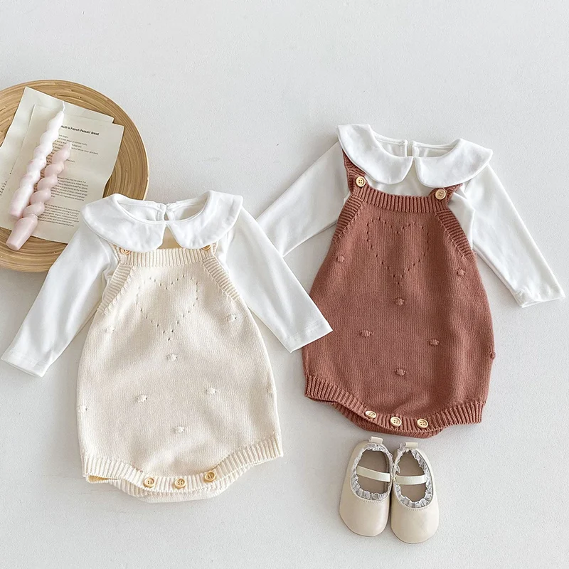 2024 New Autumn Newborn Baby Girls Clothing Set Long Sleeved Cotton T-shirt+Sleeveless Knitted Jumpsuit  Baby Girl Clothes Suit