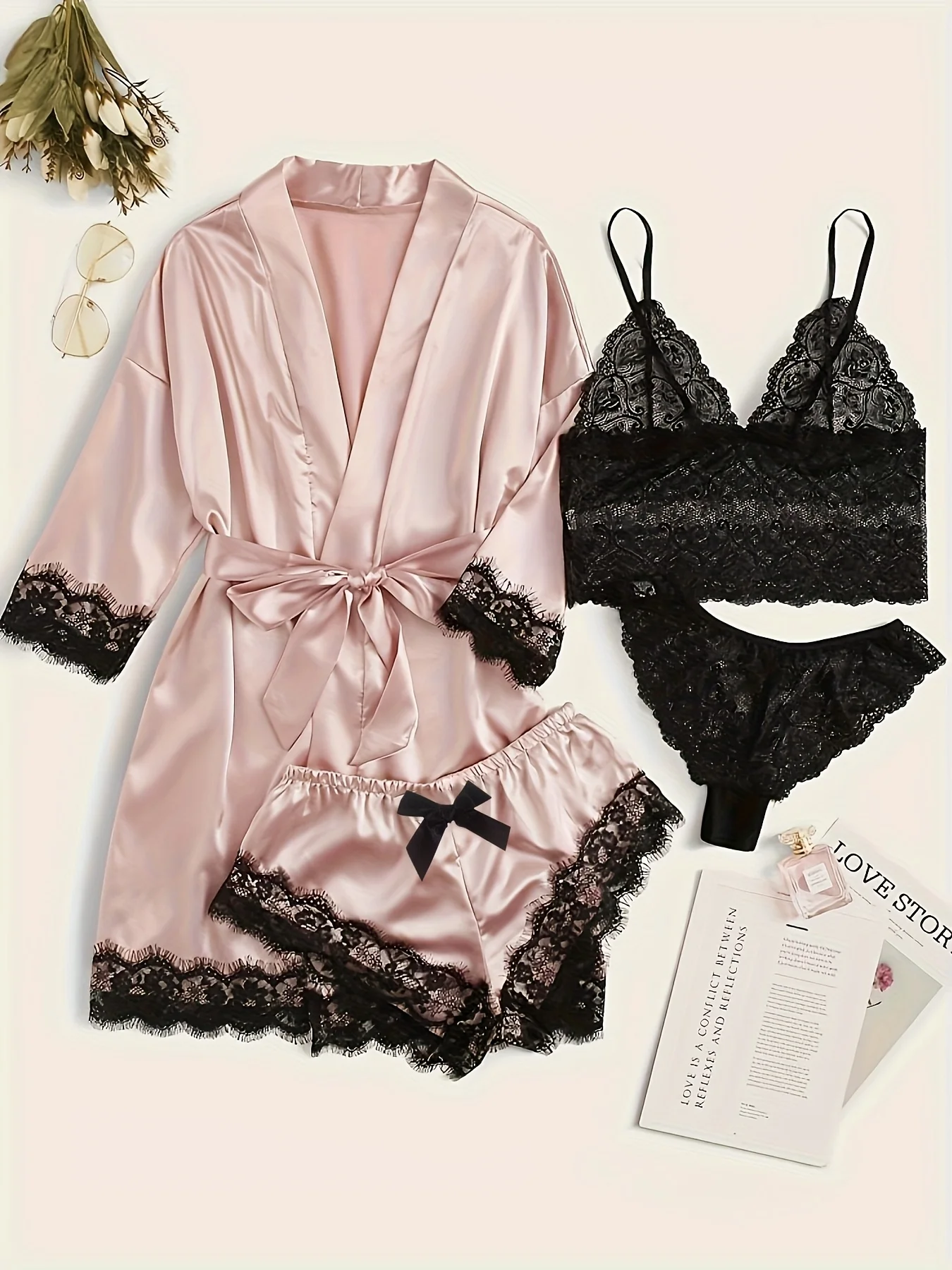 

Elegant Satin Lace Pajama Set for Women, 4PCS Lingerie Nightwear Set with Robe, Shorts, Cami & Panties, Soft Sleepwear Gift