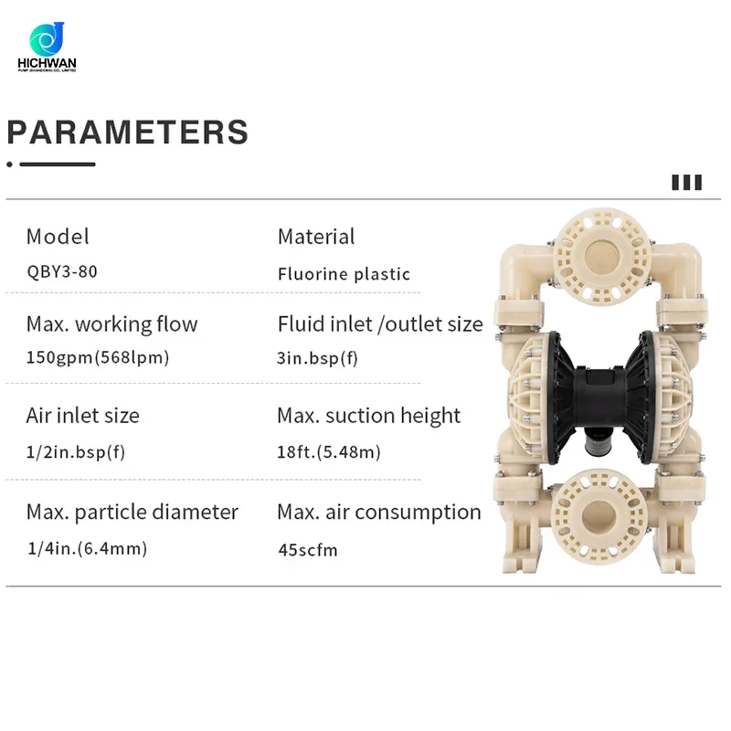 HICHWAN QBY3-80F DN80 3 inch 145 cpm diaphragm pump ptfe diaphragme pumps