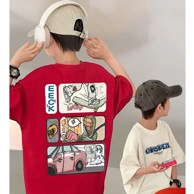 2024 Summer Kids Clothes Streetwear Fashion Cartoon Print T Shirt 100%Cotton Tops Tees Children Short Sleeve  Boys Girls Clothes